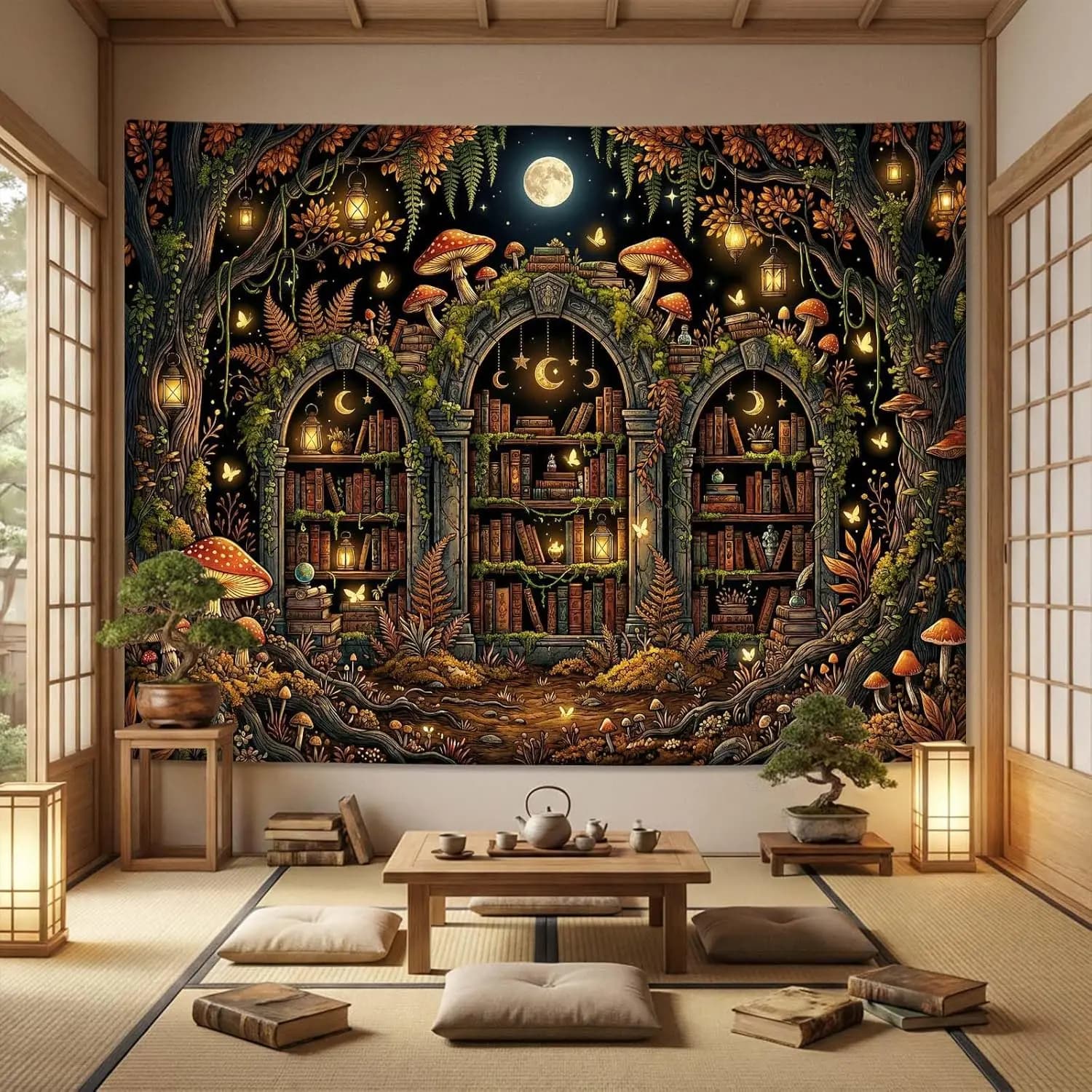 Enchanted Mushroom Library Tapestries Fantasy Forest Art Tapestries Moon Lantern Bookshelf Wall Tapestry Bedroom Dormitory