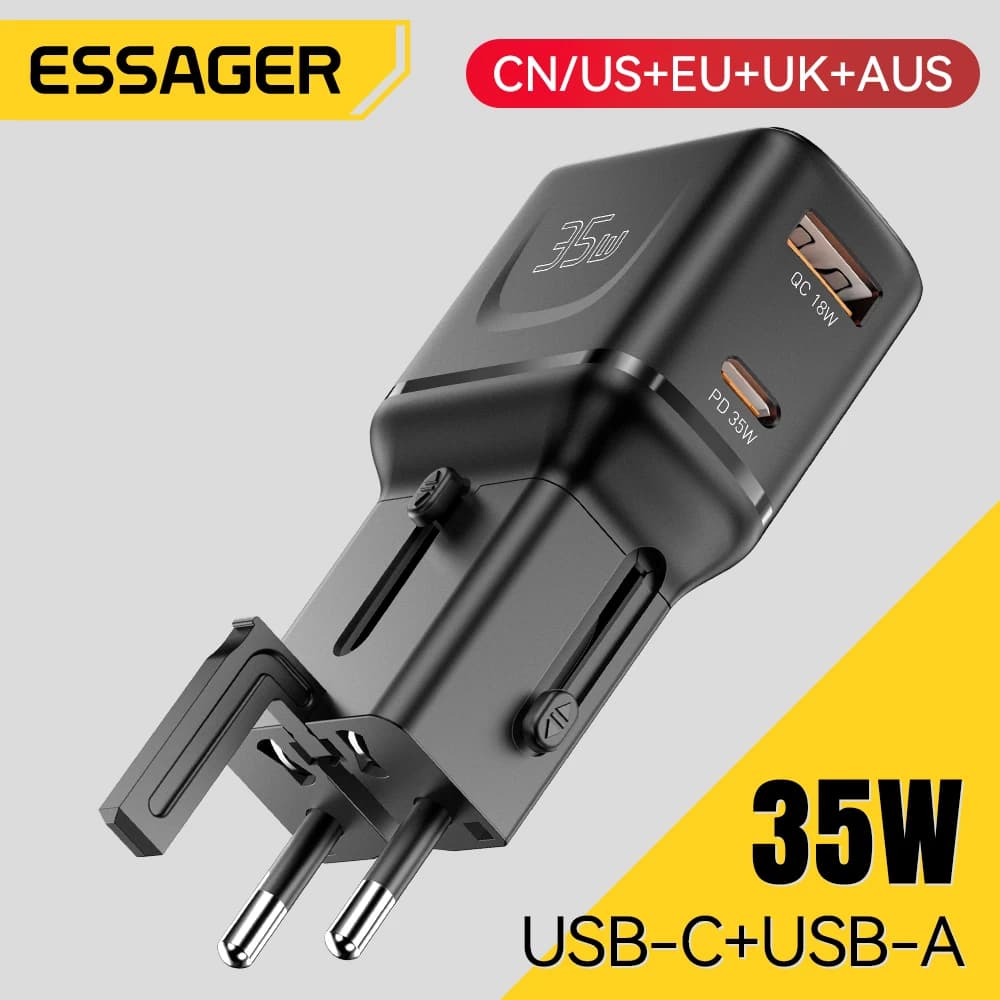 Essager 35W GaN Adattatore da viaggio internazionale Caricatore a doppia porta per Xiaomi Samsung iPhone16 15 Pro Max Per US/CN EU UK AUS Travel