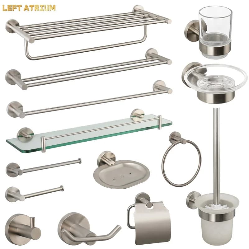 Brushed Nickel Bathroom Accessories Towel Bar Hooks Towel Rack Shelving Roll Paper Holder Toilet Brush Soap Dish Glass Shelf