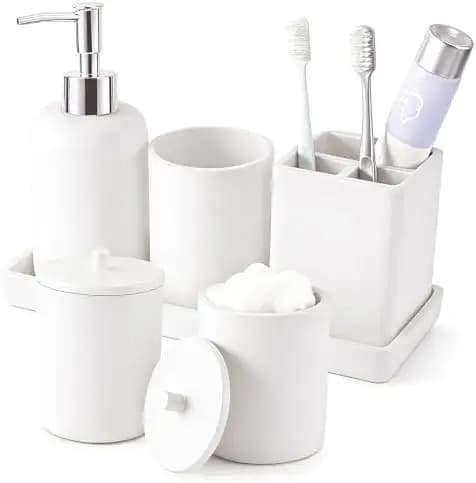 Set da Bagno in Resina Bianca 6 Pezzi con Portaspazzolino, Dispenser Sapone e Vassoio - Organizzatore da Appoggio