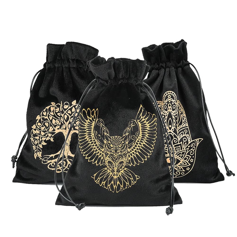 Flanella nera Pelle scamosciata Energia Reiki Albero della vita Mani di Fatima Hamsa Lotus Bundle Borsa portaoggetti Yoga Chakra Tarocchi Carte Borsa per articoli vari