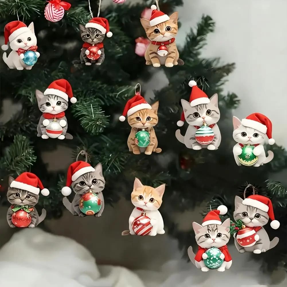 12 pezzi di decorazioni in acrilico 2D per gatti di Natale, albero di Natale, feste, decorazioni da appendere all'aperto, regali creativi unici