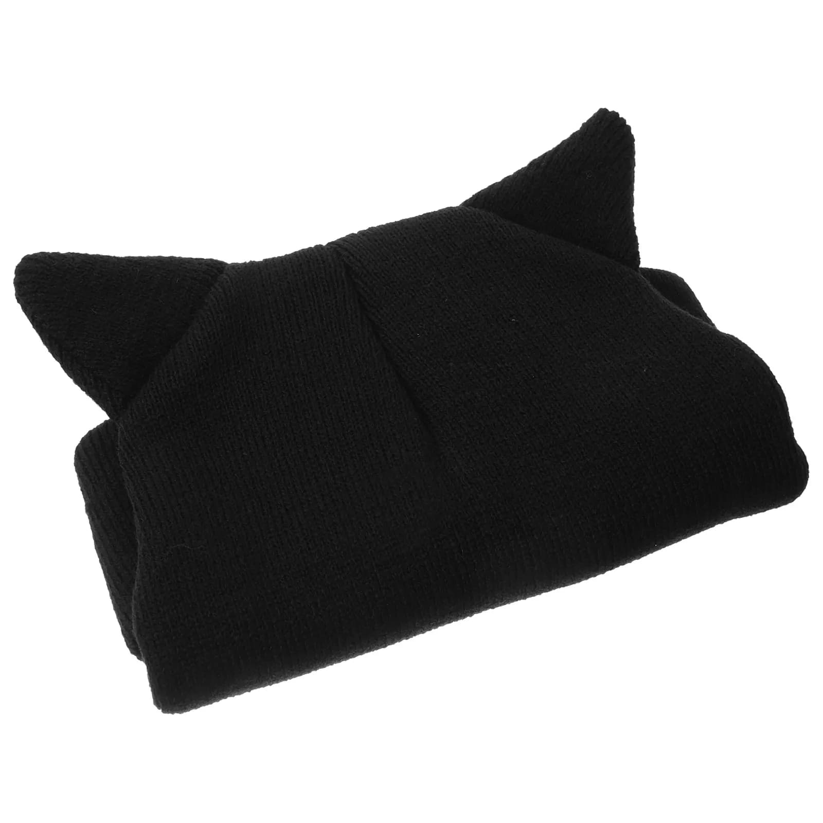 Double Cat Ear Pom Pom Knitted Beanie for Women Winter Warm Hat Thick Chunky Knit Black Stretchy One Size Fits Most