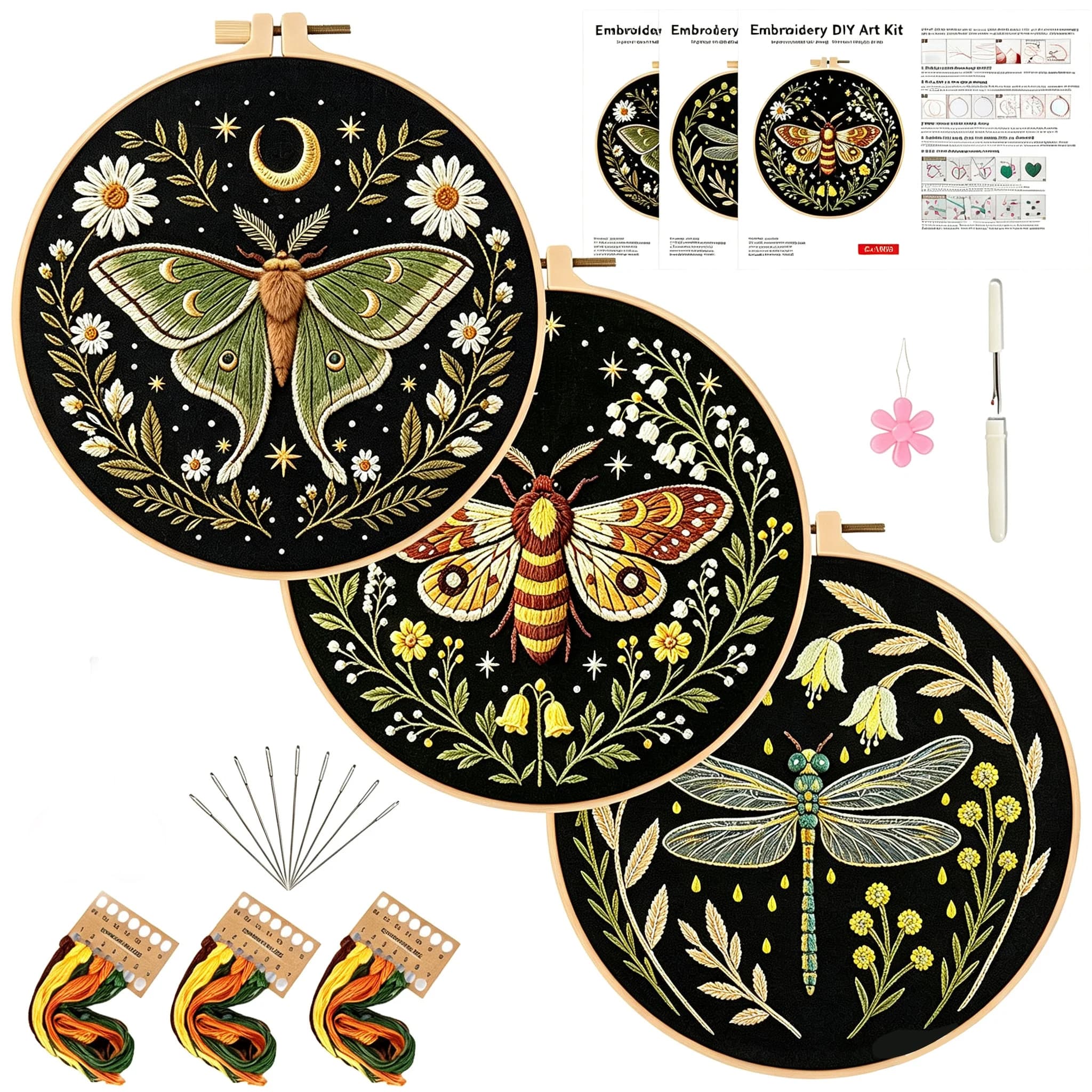Floral Insect Stamped Embroidery Gift Kit, Moth Bee Dragonfly Ladybug DIY Set with Hoop Thread & English Manual for Beginners