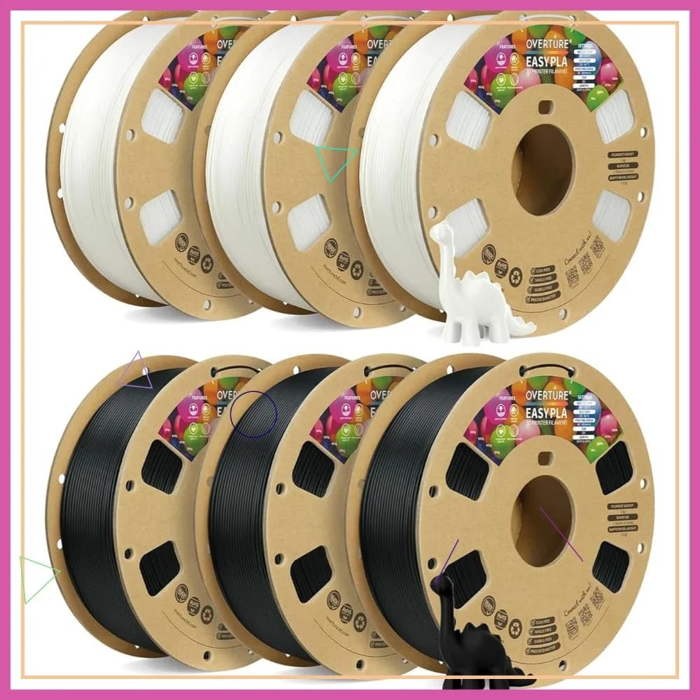 Filamento PLA 6KG 1.75mm, Confezione da 6 Bobine da 1kg, Precisione Dimensionale +/-0.02mm per Stampanti 3D FDM, Nero e Bianco