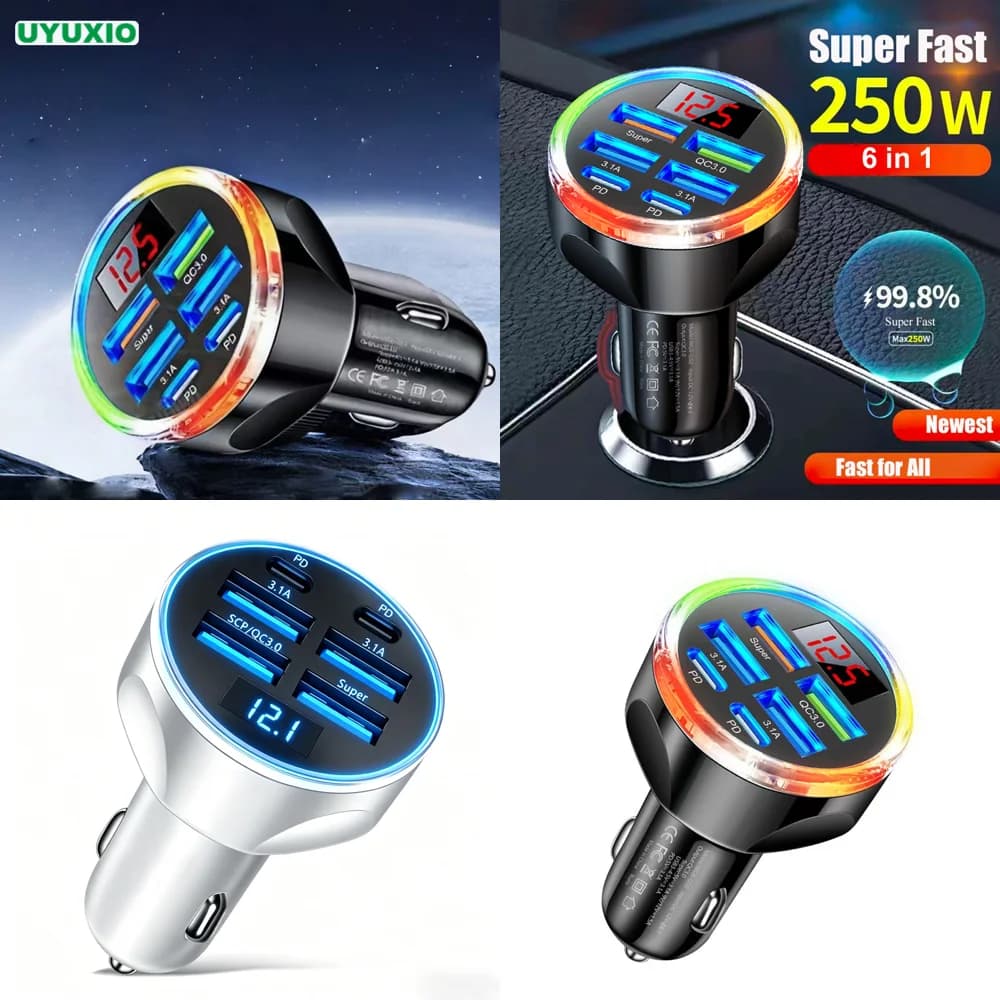 Caricabatterie USB per Auto a Ricarica Rapida con Display di Tensione, 2 PD 4 USB-A, Adattatore Multi-Porta per iPhone, Prodotti in Dropshipping