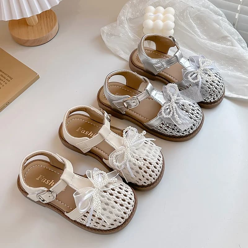 Scarpe casual per bambini, sandali in pelle PU con fiocco e perle, scarpe estive da principessa per ragazze, scarpe bianche argento antiscivolo, taglia 23-35