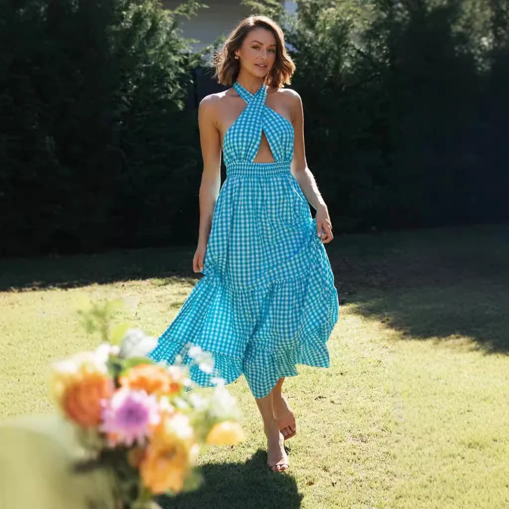 Abito a pendolo con scollo incrociato e cinturino al collo 2025 Primavera ed estate Nuova moda Abbigliamento da donna Stampa di parole A Lago Blu