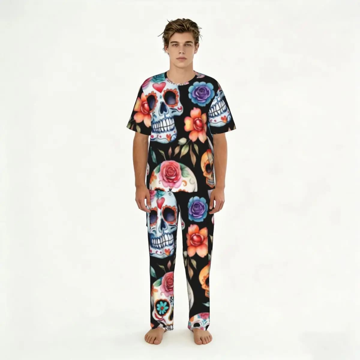 Pigiama da uomo estivo con top a maniche corte + pantaloni lunghi, abbigliamento da notte, abbigliamento per la casa, pigiama Day Of The Dead Sugar Skull