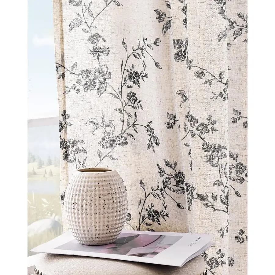 Floral Linen Curtains for Living, Length 84 Inches, Black Curtains Printed with Back Languages, French Country Style, Floral Pattern D