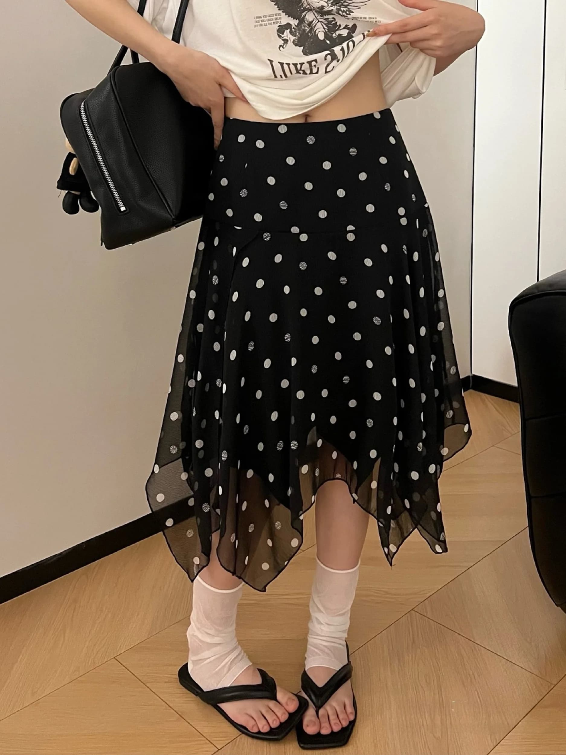 Gonna midi asimmetrica estiva a pois da donna, a vita alta, modello snellente, stile coreano, a trapezio, con fodera interna