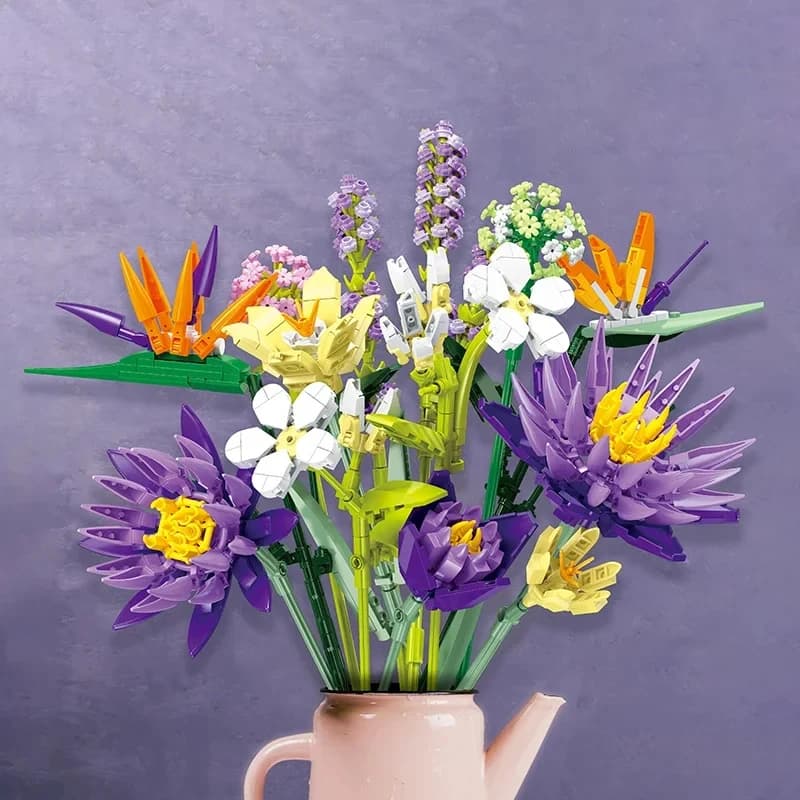 Blocchi da Costruzione MOC Stile Tropicale, Bouquet di Narcisi e Peonie, Rose Multicolore, Regalo Romantico per la Festa della Mamma e San Valentino