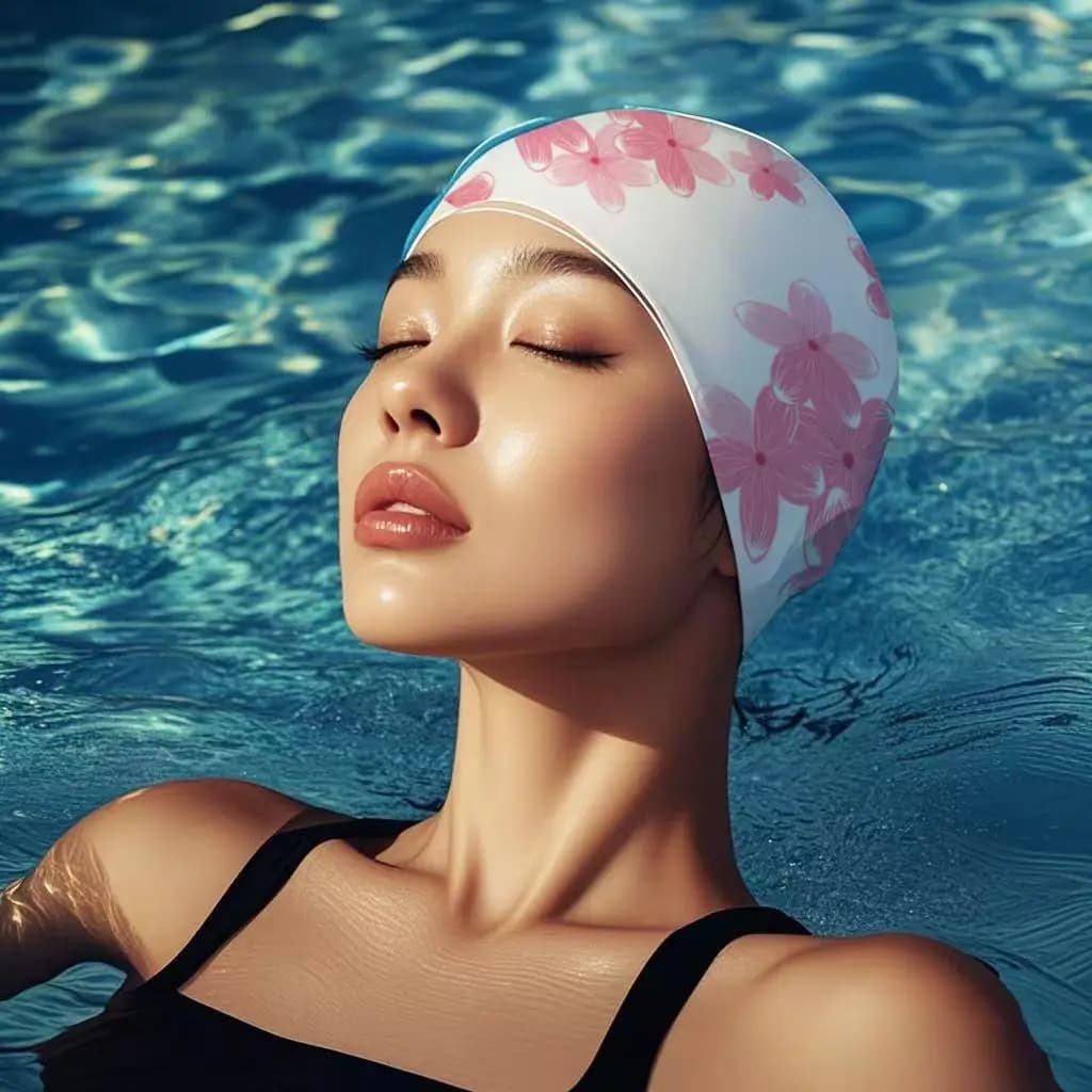 Cuffia da nuoto in silicone per donna, cuffia da nuoto impermeabile per capelli lunghi con stampa floreale