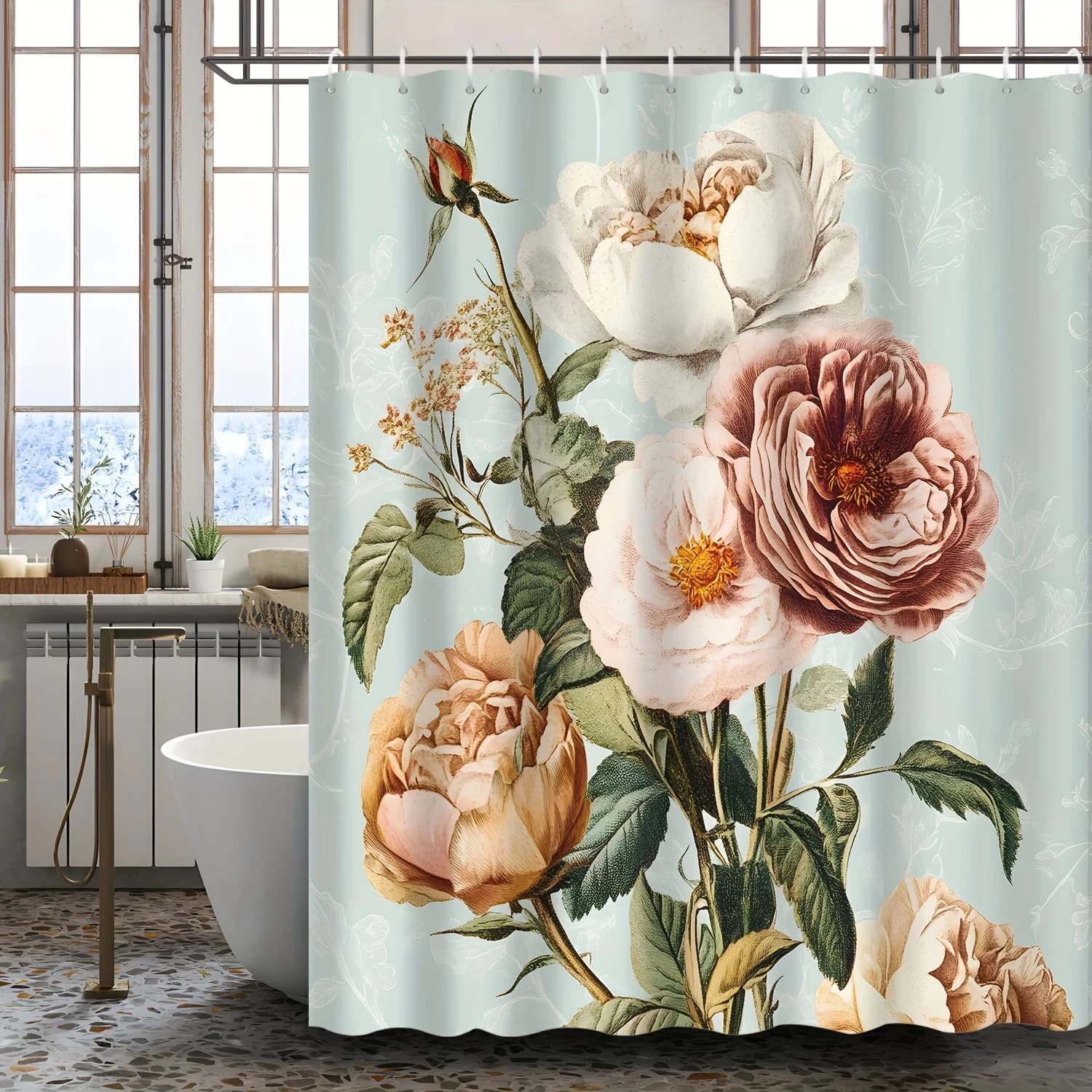 Tenda da doccia floreale vintage: eleganti rose e peonie per un classico arredamento da bagno