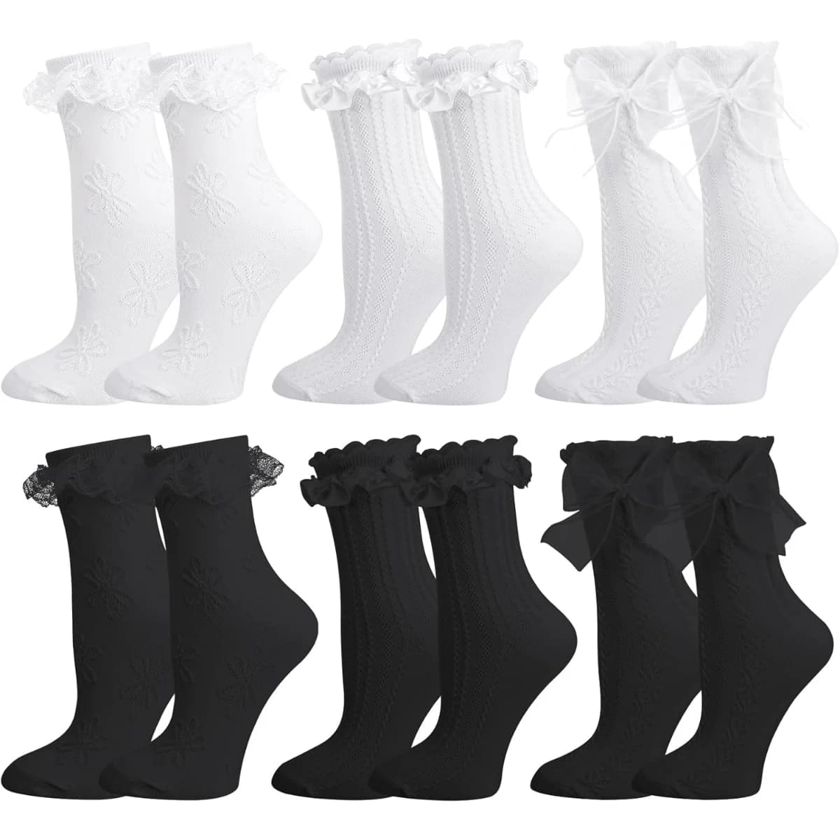 1/6 Pairs Lace Ruffle Crew Socks for Women,Cotton Cute Princess Ankle Dress Lace Socks for Women Girls