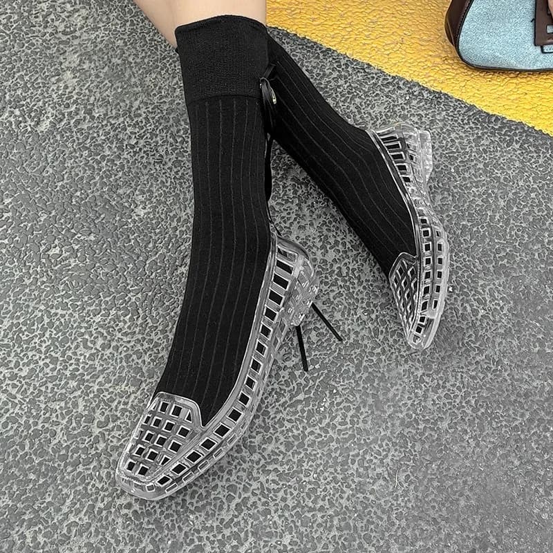 Sandali da donna estivi in cristallo Scarpe casual piatte da esterno in PVC Sandali da spiaggia con sabbia Mocassini slip-on Punta quadrata Sandali moderni poco profondi