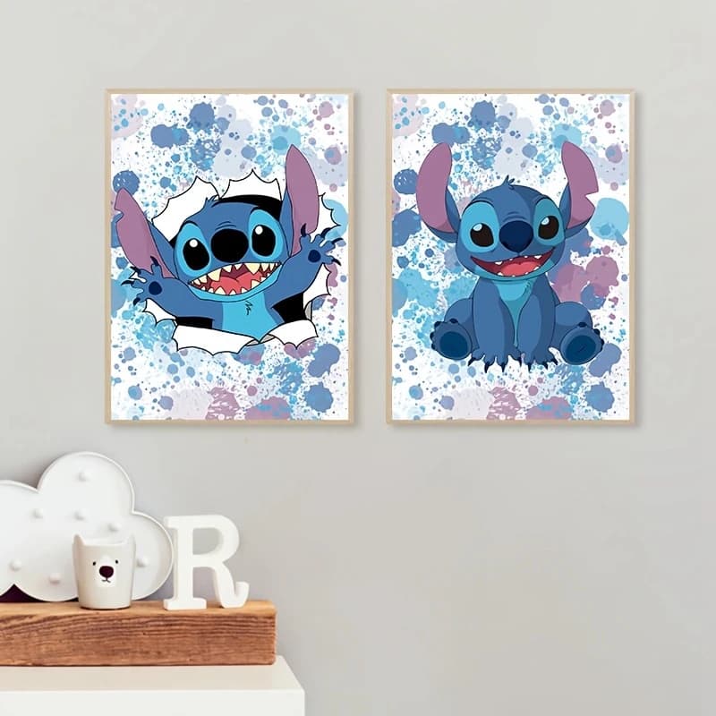 Stampa artistica con pittura ad acquerello di Lilo e Stitch, poster di Stitch Ohana, decorazione da parete su tela per la cameretta dei ragazzi e delle ragazze