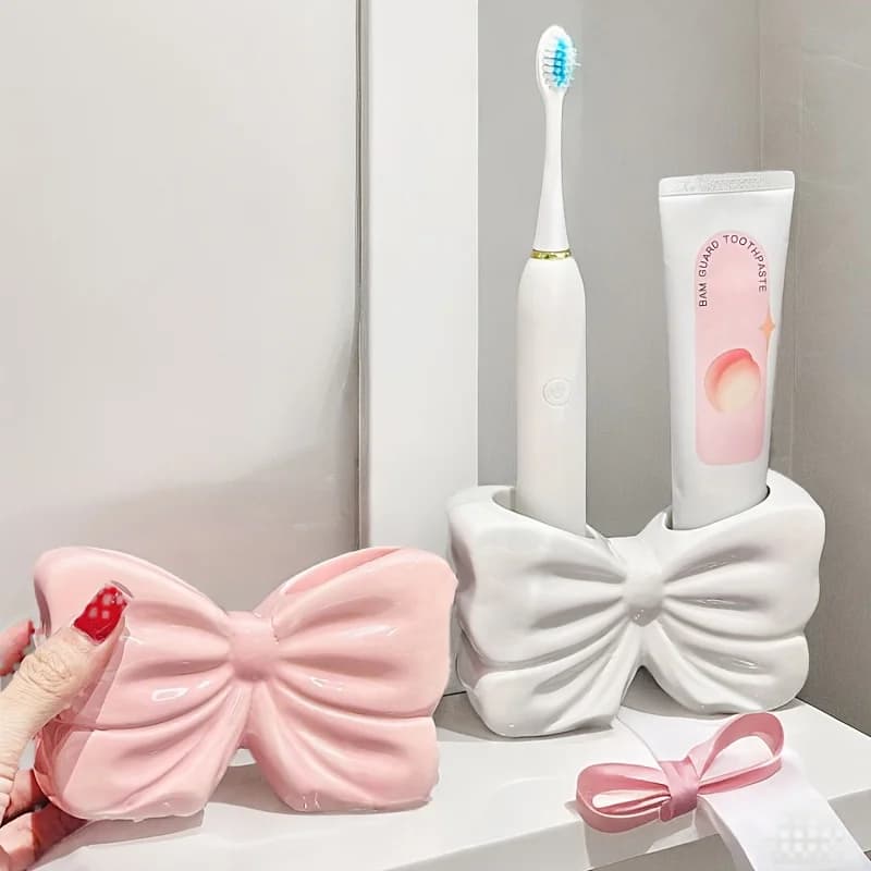 Porta spazzolino in ceramica con fiocco affascinante: contenitore da bagno portatile e senza trapano per spazzolini e dentifricio