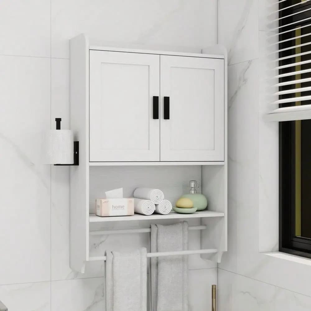 Armadietto da parete con ripiano regolabile, portasciugamani e porta carta igienica, mobiletto sopra il WC, armadietto porta medicinali da bagno bianco