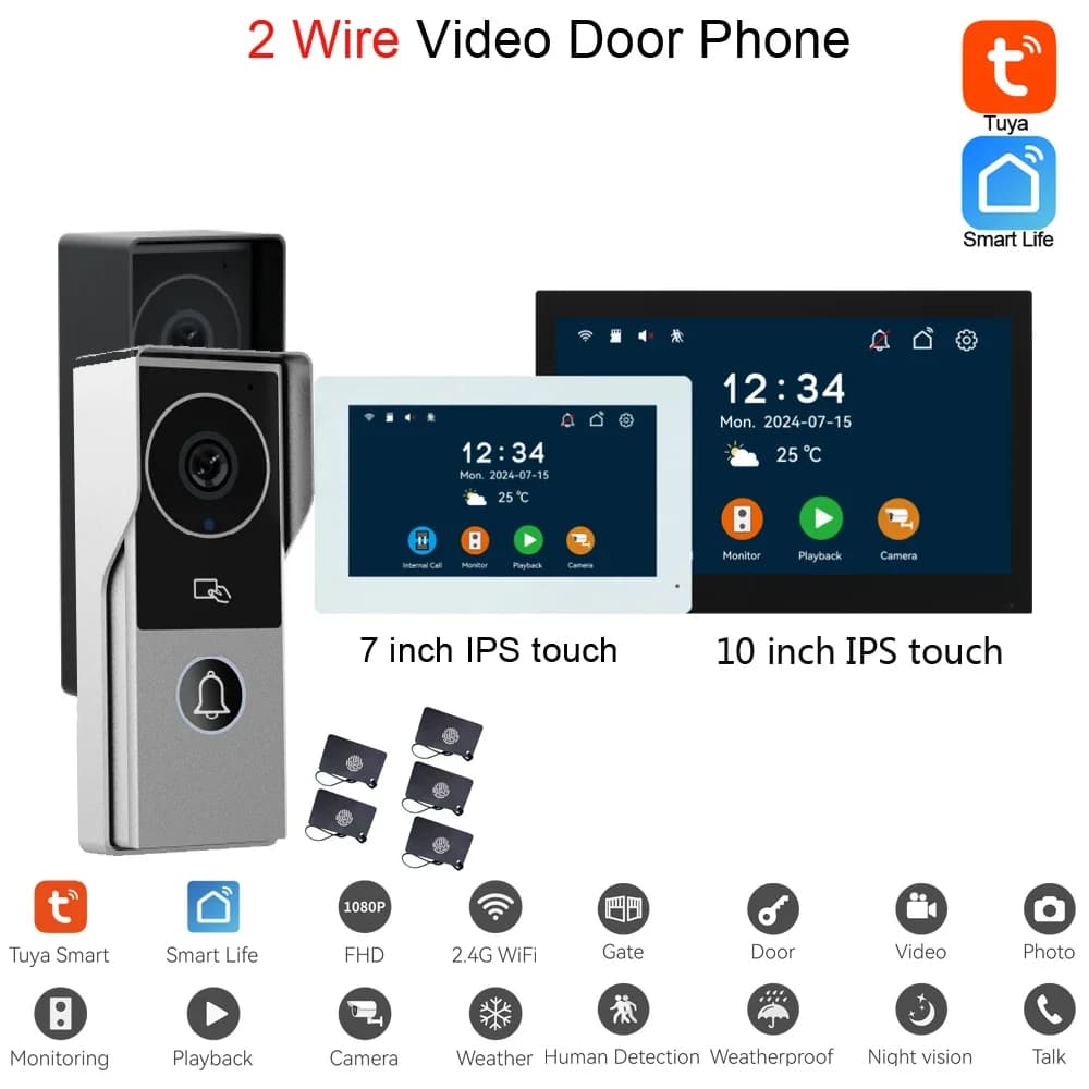 1Set 2Pin Cavo Filo Videocitofono Sistema 7/10 "IPS Touch Screen 2MP Fotocamera 2.4G WiFi Vita Intelligente APP Push Messaggio IC Card