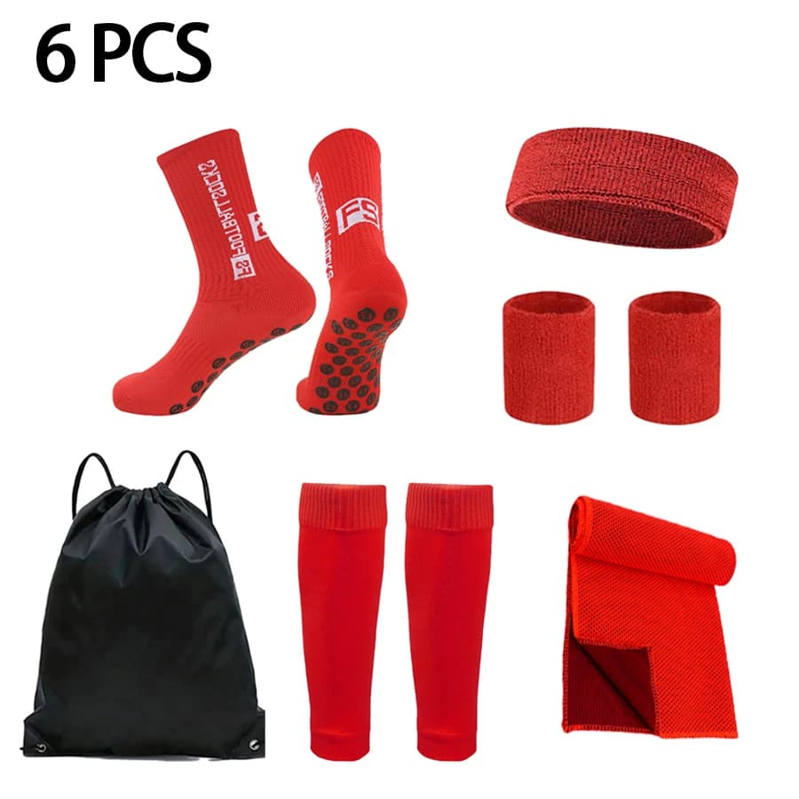 Set da 6 pezzi Borsa da calcio Calzini da calcio da uomo Calzini sportivi con impugnatura Copri gamba da calcio Sport hijab Fascia per capelli Bracciale da polso Asciugamano per sensazione di freddo