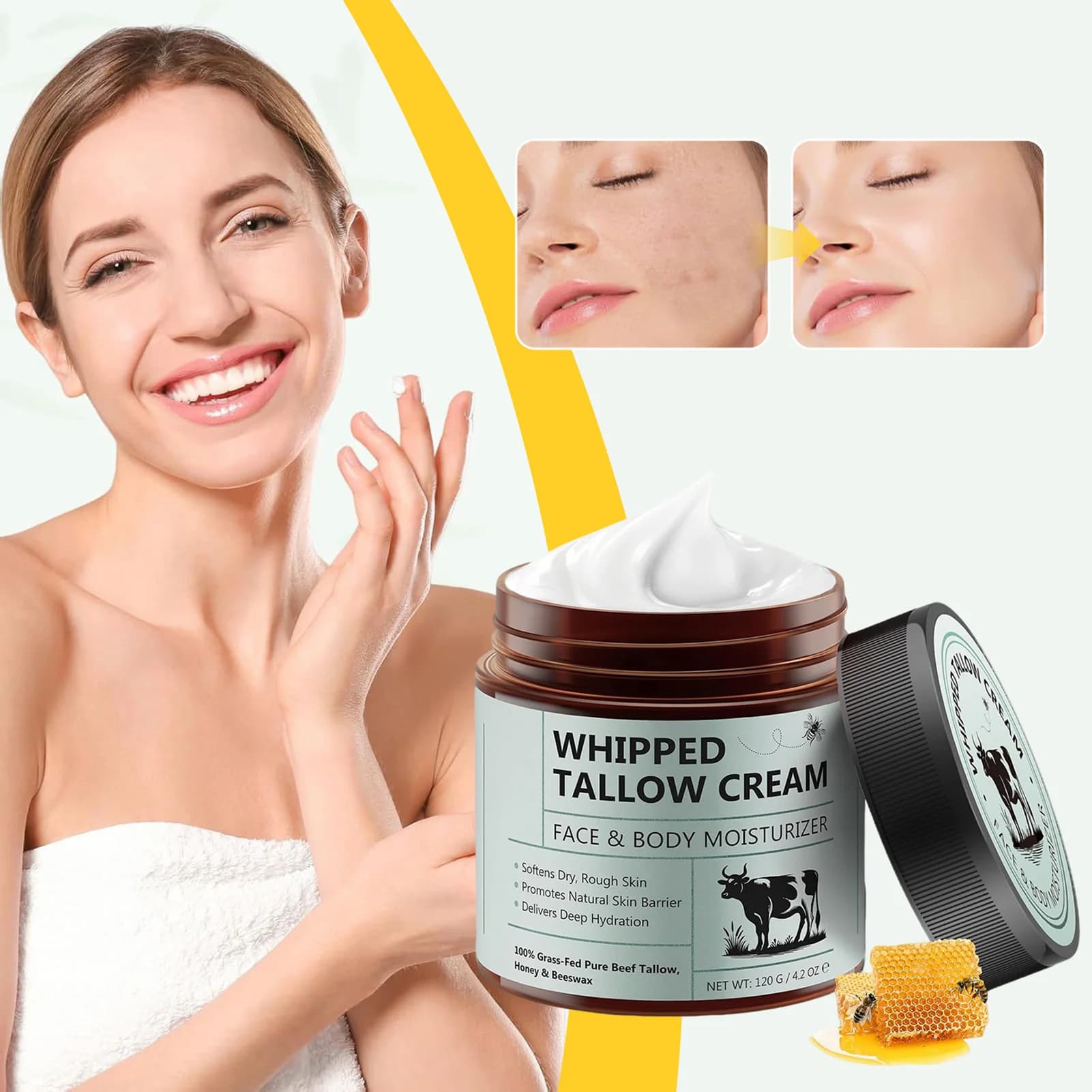 Tallow Face Cream Moisturizer Organic-Grass Fed Whipped Beef Tallow with Honey Beeswax Nourishing Moisturizing for Face Body