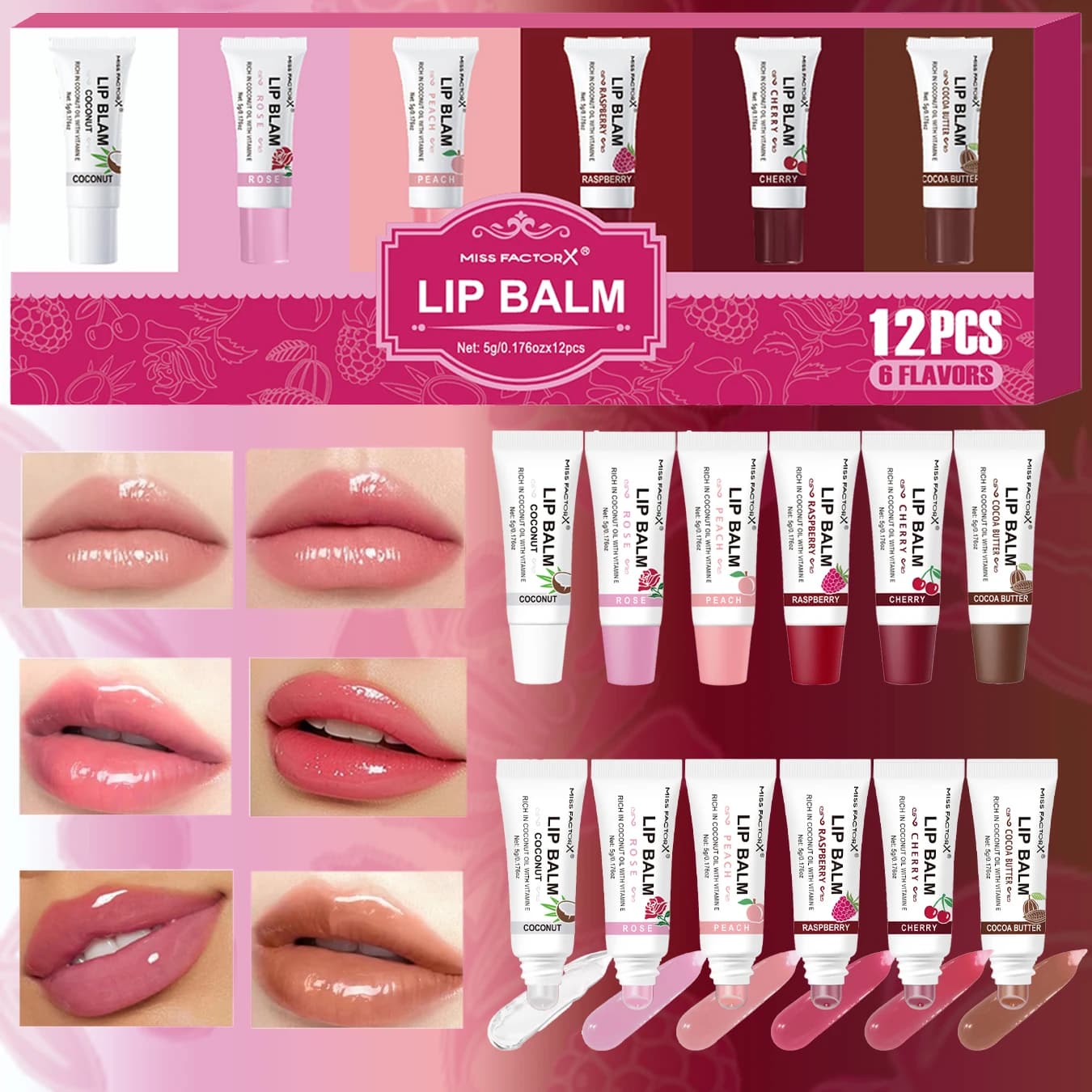 Set di 12 oli per labbra con 6 gusti - Cocco, Rosa, Pesca, Lampone, Olio di Cacao, Gloss Idratante, Balsamo Labbra Rinforzante