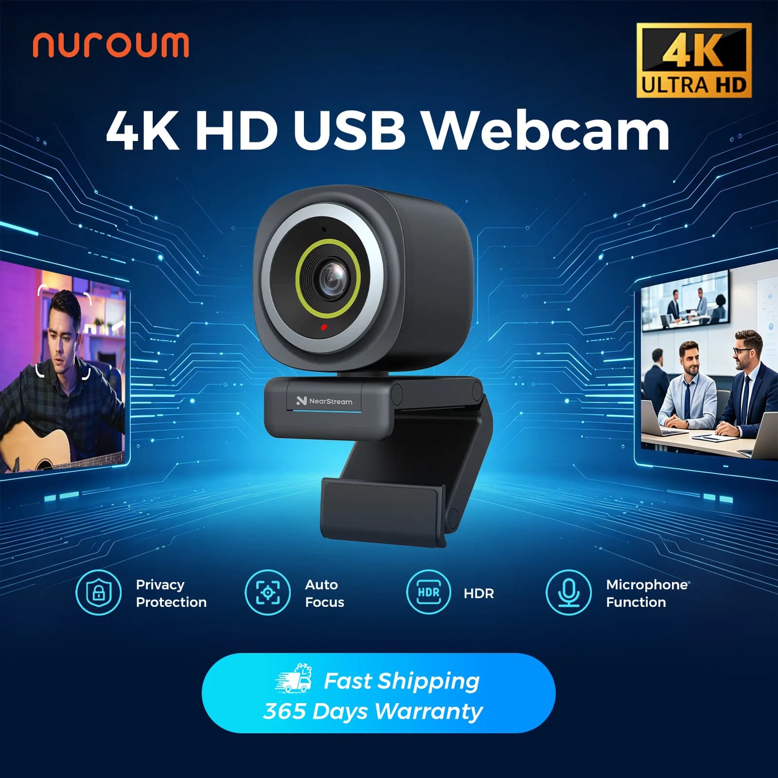 Nearstream 4K Webcam HDR 1080P@60FPS Microphone with noise cancellation 45 ° -95 ° AI frame with automatic focus FOV adjustable for Web Cam camera for PC