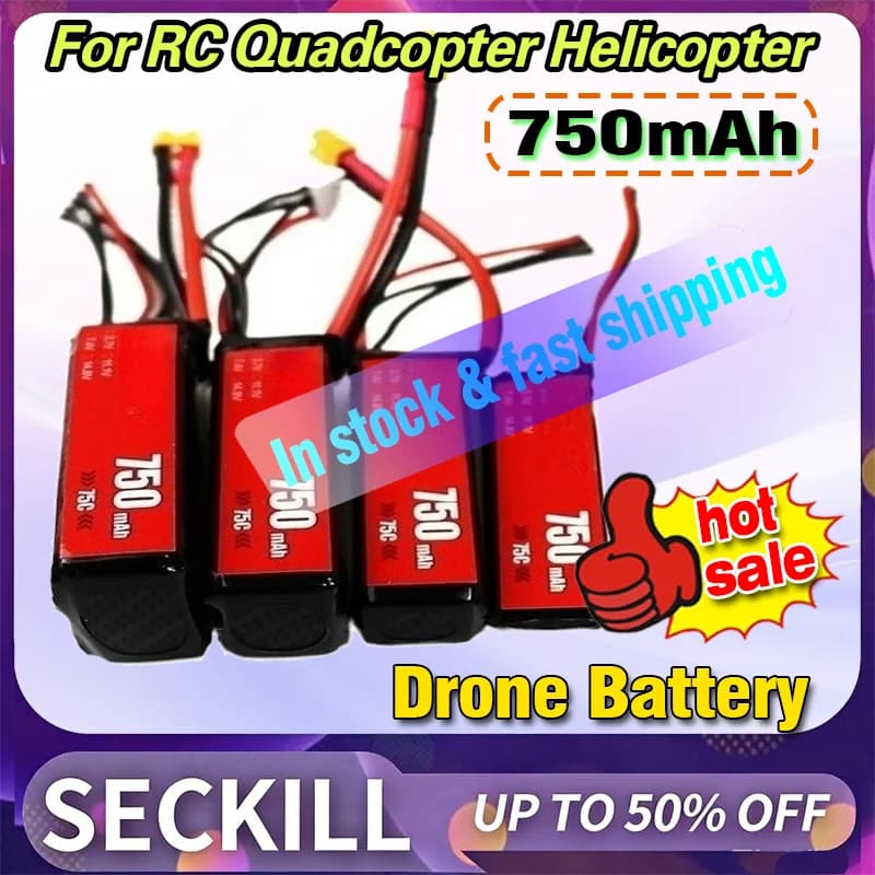 Batteria Lipo 750mAh 14.8V 4S 75C per Quadricottero RC, Elicottero, Drone da Corsa FPV, Ricambio Ricaricabile con Connettore XT30