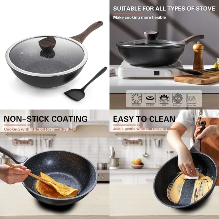 Wok Antiaderente con Coperchio, Padella per Stir-fry da 12 Pollici, Rivestimento in Pietra Granitica per Cucinare, Compatibile con Tutte le Piani a Induzione