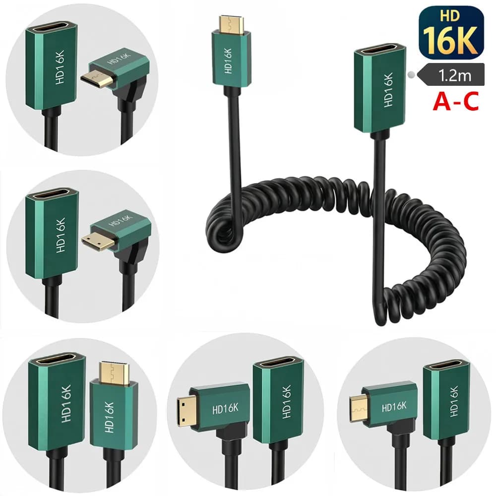 16K Mini HDMI Coiled Spring Cable 1.2m HDMI Male/Female to Mini HDMI Male Gold Plated for Camera Capture Card 1.2m