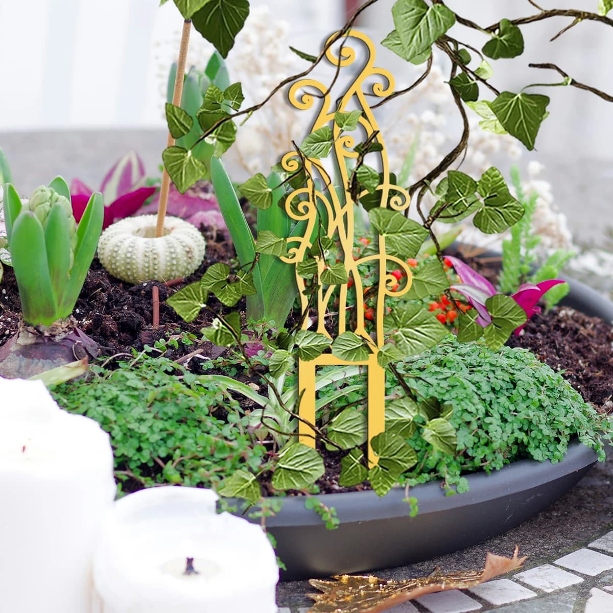 Supporto per Piante in Metallo Stile Rustico per Patio e Balcone, Decorazione per Piante da Interno, Palo di Supporto per Fiori, Durevole, Oro/Nero