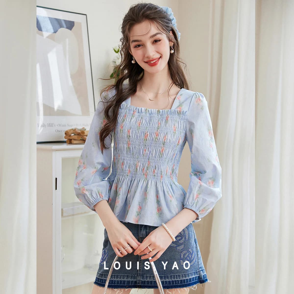 LOUIS YAO Sweet Printed Women Blouse 2025 Autumn Square Neck Cotton 100% Top Elegant Commuter Printed Slim Long Sleeve Shirt