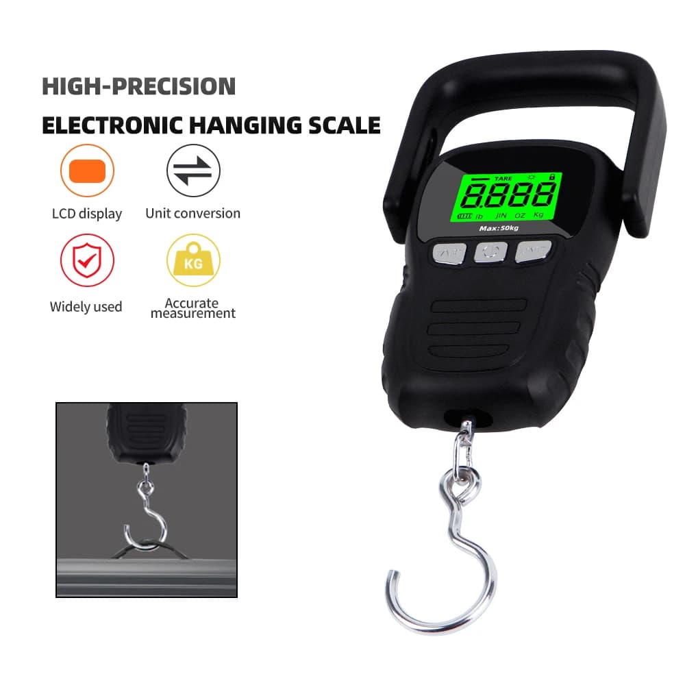 Bilancia elettronica sospesa da 50 kg 5G Bilancia a gancio digitale LCD Bilancia per pesci portatile per bagagli con metro a nastro incorporato da 1,5 m