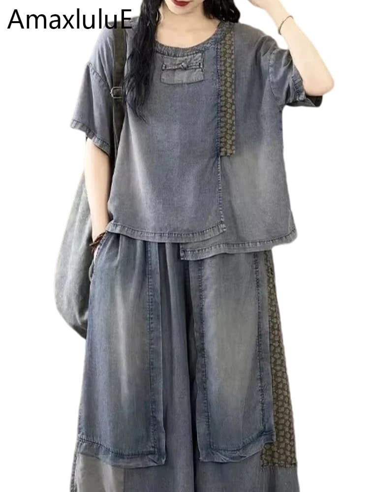 Amax luluE 2024 Moda Cinese Classico Due Pezzi Set Donna Estate Abiti Casual O Collo Vintage Magliette e camicette Jeans Larghi Pantaloni a Gamba Larga
