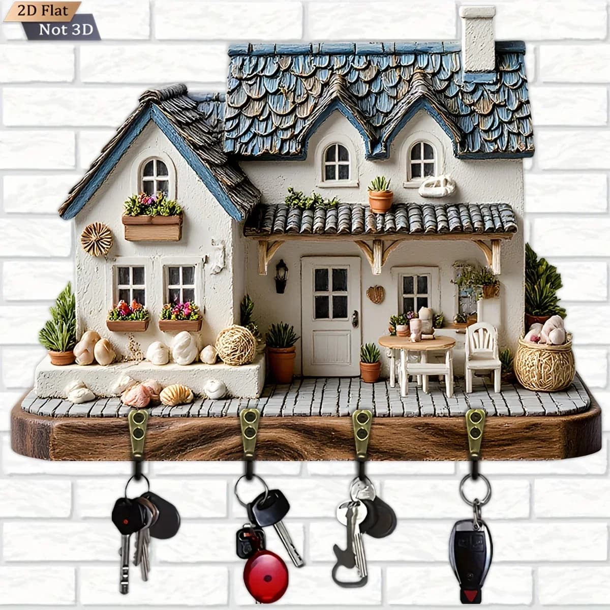 2D Flat, 1pc, house - shaped key hook, wooden multifunctional home key rack, with four metal hooks, wall decoration, porch