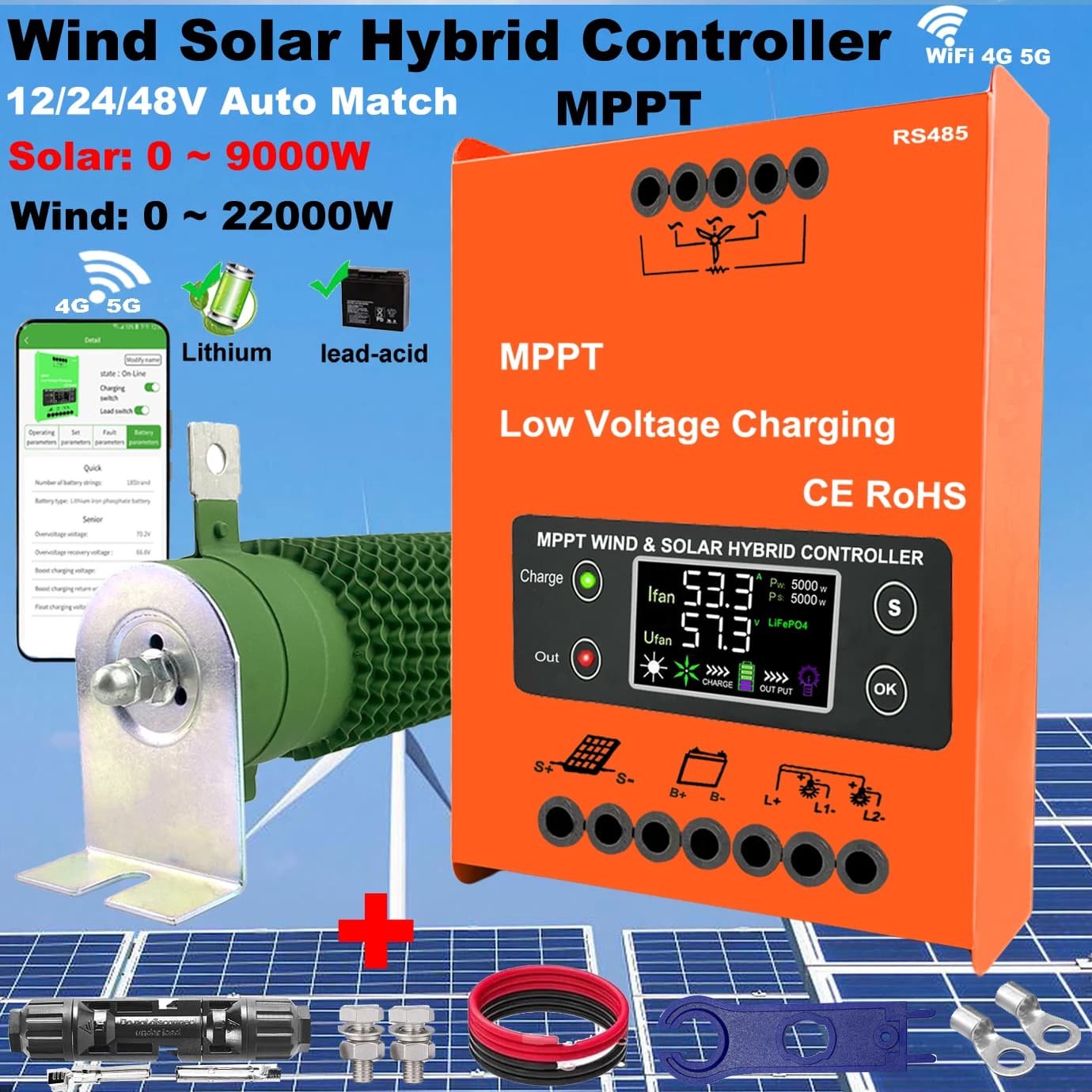 Regolatore di carica ibrido solare eolico Wifi 12V 24V 48V 3000W, carica MPPT per turbina eolica a pannello solare, batteria al litio al piombo