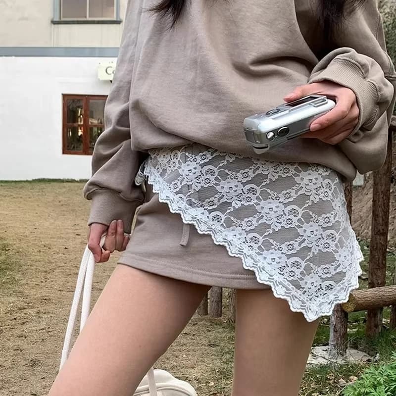 Nuovo Triangolo Gonna Corta Mezza Gonna Butt Tenda Gonna Lace Trim Piccolo Grembiule Maglia Pizzo Impilato Ins Donne Coreane Foulard