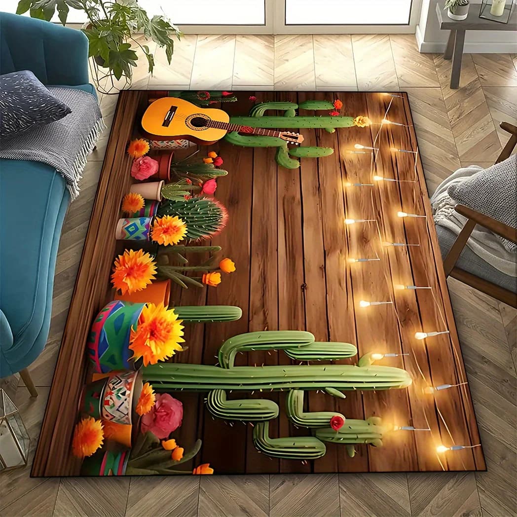 Tappeto in Flanella con Stampa di Cactus e Chitarra, Design Boho Desertico, Morbido Tappetino in Pile per Soggiorno, Stile Messicano
