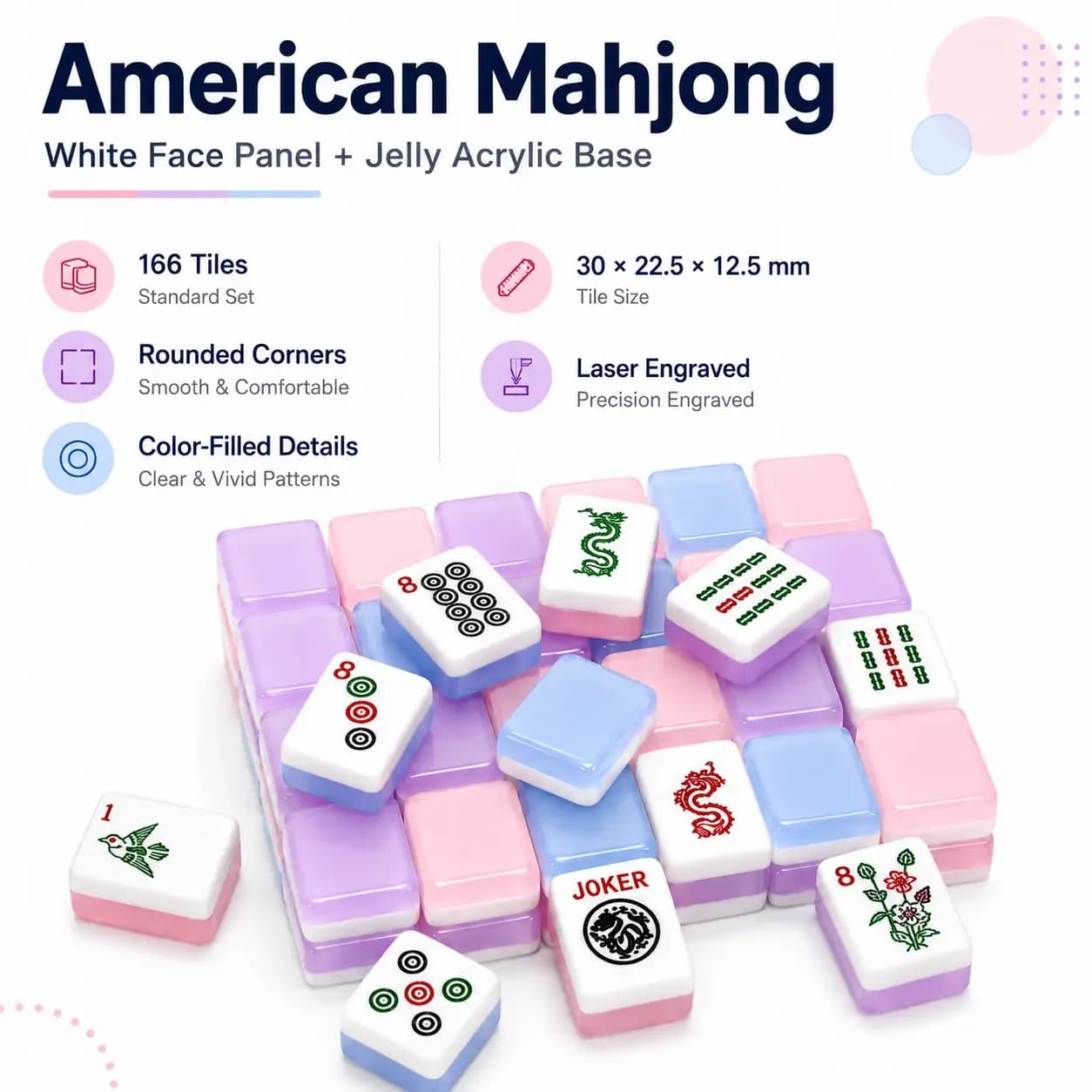American Mahjong Set 166 Tiles Jelly Double‑Layer Acrylic Mahjong Tiles 30mm Laser Engraved Mahjong Game Set Rounded Home Party