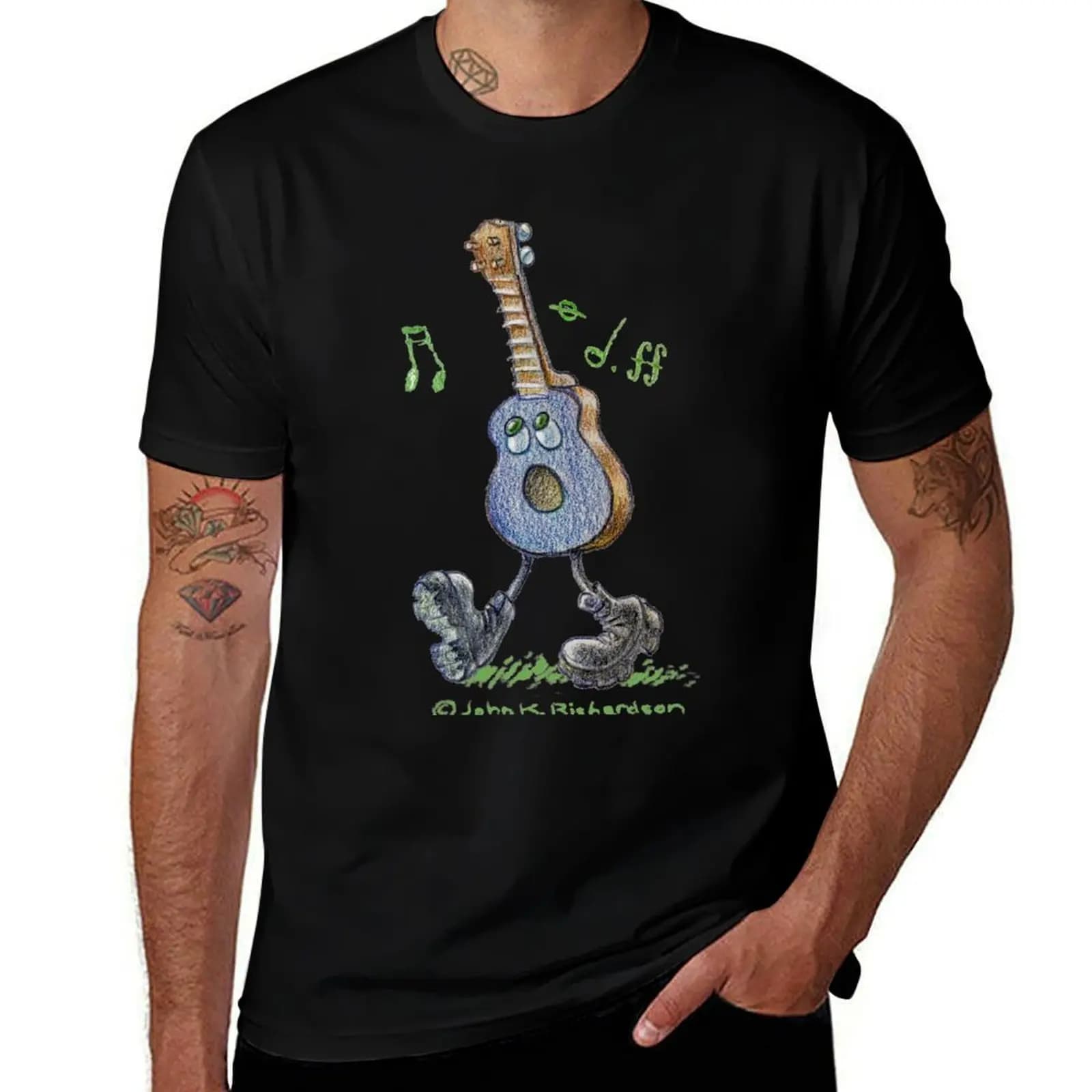 Singing Ukulele Cartoon T-Shirt Worker Basic Short Sleeve Tee T-Shirt