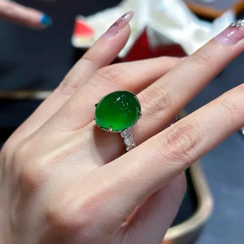 Anelli con Gemme di Giada Verde Naturale Ovale e Diamanti per Donne, Argento 925, Bijoux Vintage, Fedi per Dita, Regalo di Compleanno, Gioielli