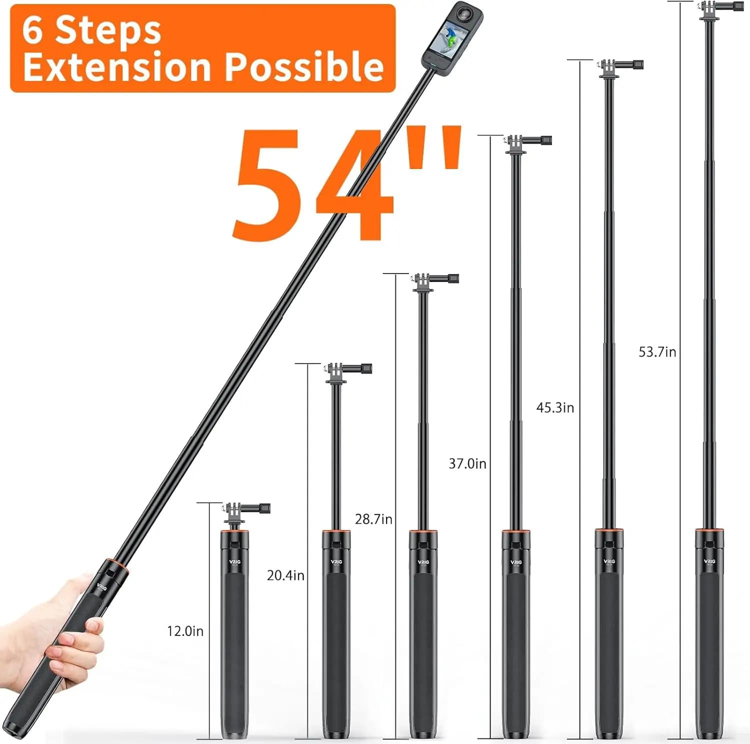 Extensible tripod Vrig 140cm, Selfie Stick Adjustable with Long Handle for Insta360 X5/X4Air/X4/X3/Go Ultra/Go 3s/Ace Pro/Gopro/ DJI