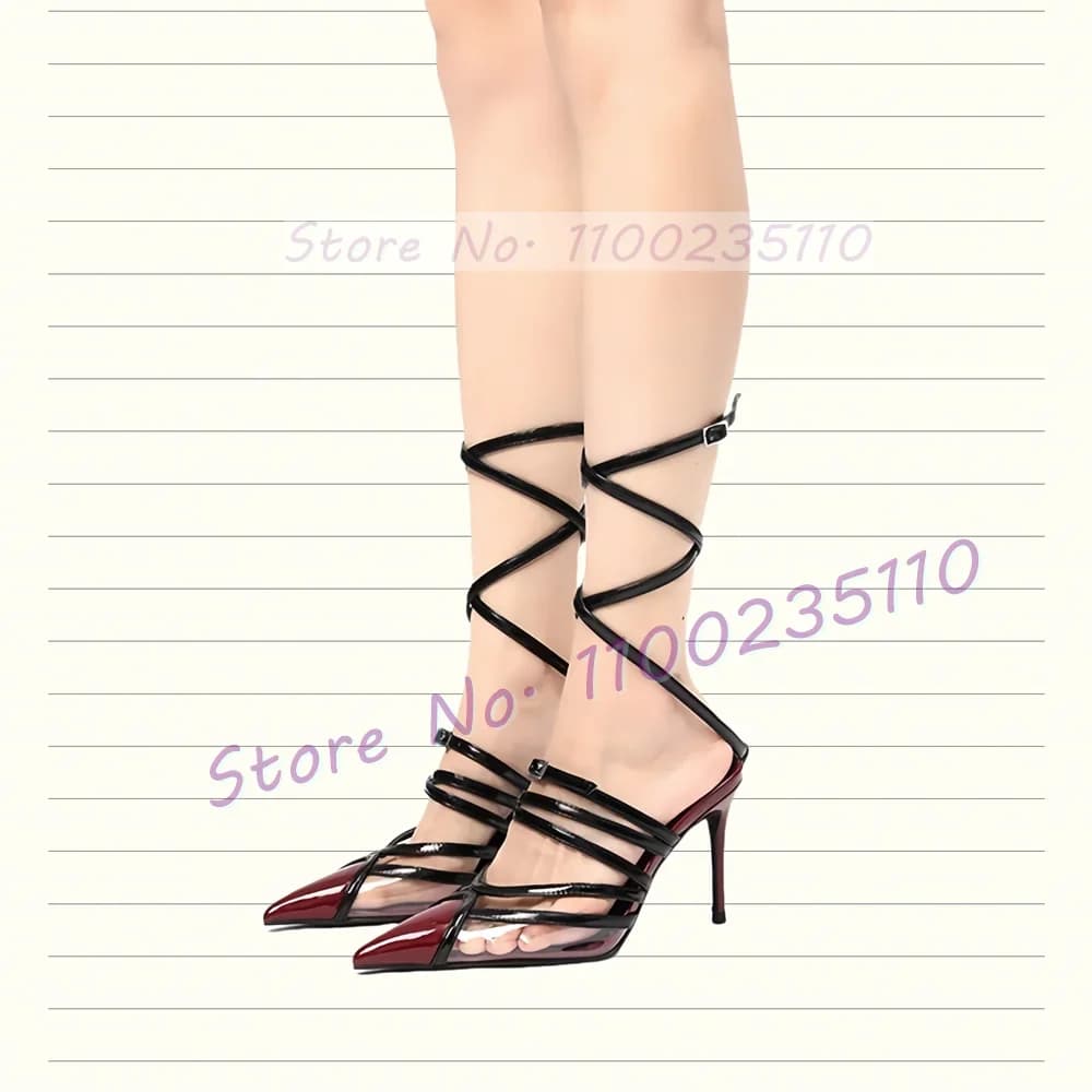 Burgundy Pointed Stitching Cross Tie Sandals Women Novelty Buckle Strap Two-tone High Heels Sandals Lady Sexy Clear Dress Shoes