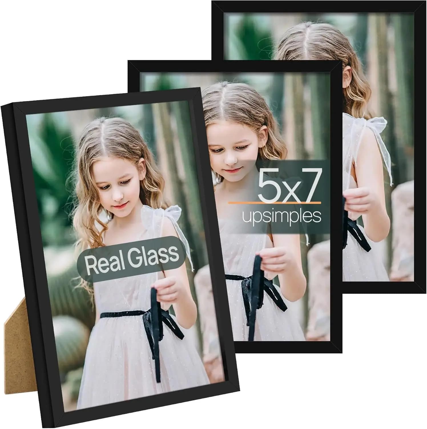 5x7 Picture Frame Set of 3, Made of High Definition Glass for 5 x 7 Black Frames, Wall and Tabletop Display Thin Border Photo Fr