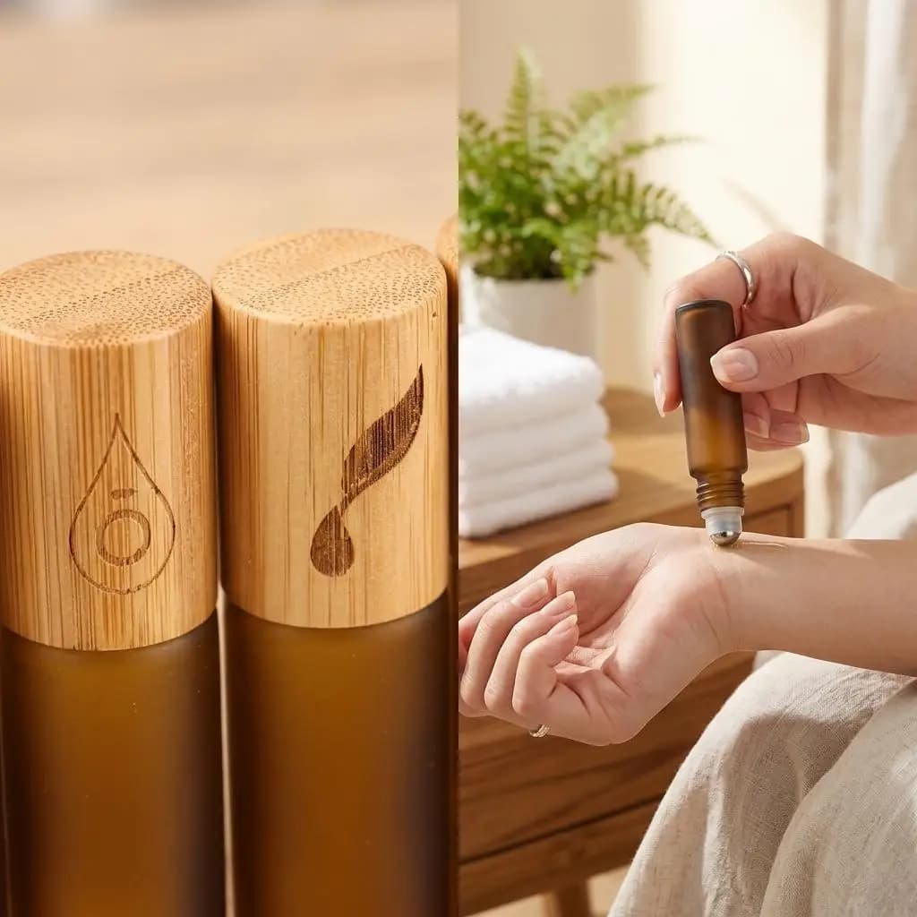 Matte Amber Glass Essential Oil Bottle Wood Bamboo Lid Liquid Storage Laser Engraved Cosmetic Vessel Portable Empty Travel Pack