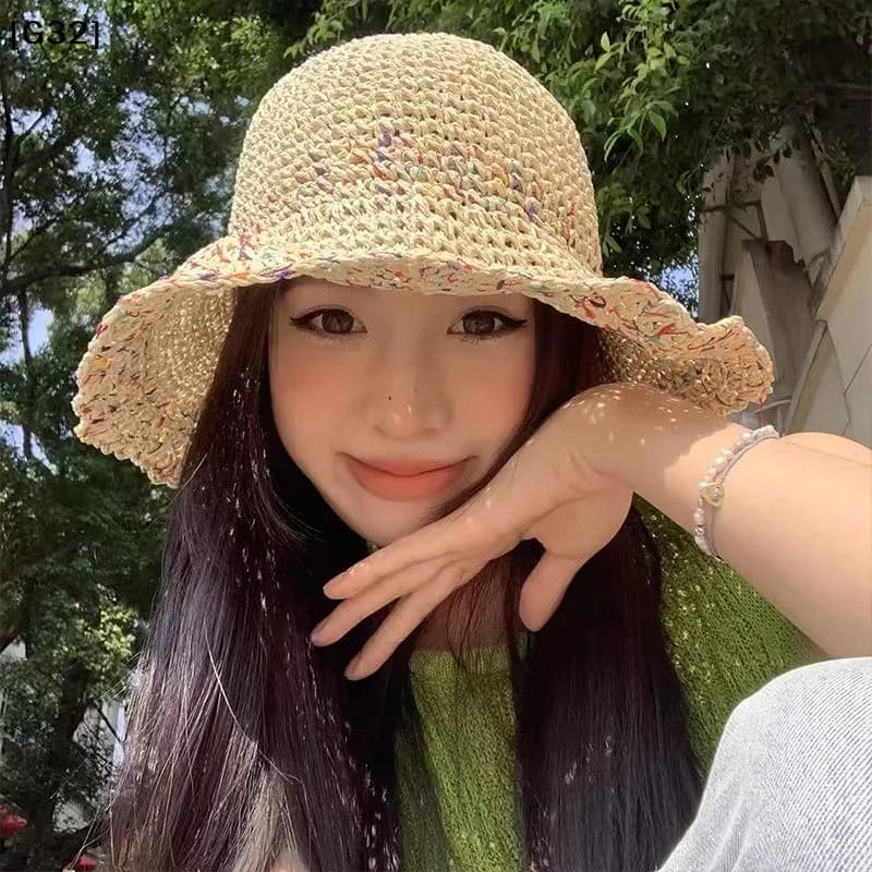 Cappelli di paglia arcobaleno intrecciati a mano da donna, cappelli da pescatore coreani estivi traspiranti, cappello da spiaggia a tesa larga per ragazza[G32]