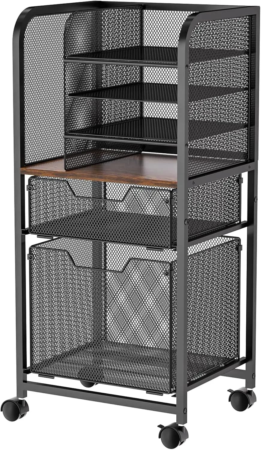 Carrello Portadocumenti a 6 Ripiani con 2 Cassetti, Armadietto Mobile per Cartelle Appendibili, Archiviazione Formato Lettera con Ruote