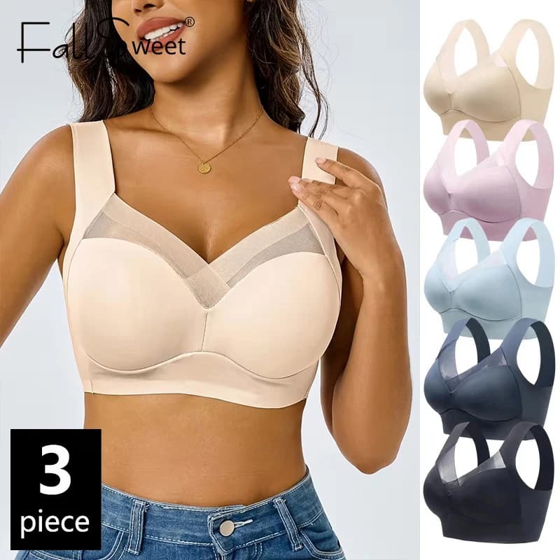 FallSweet 3PCS Plus Size Sport Bra Women Seamless Lace Bralette Shockproof Wireless Brassiere Full Cup Push Up Vest Underwear