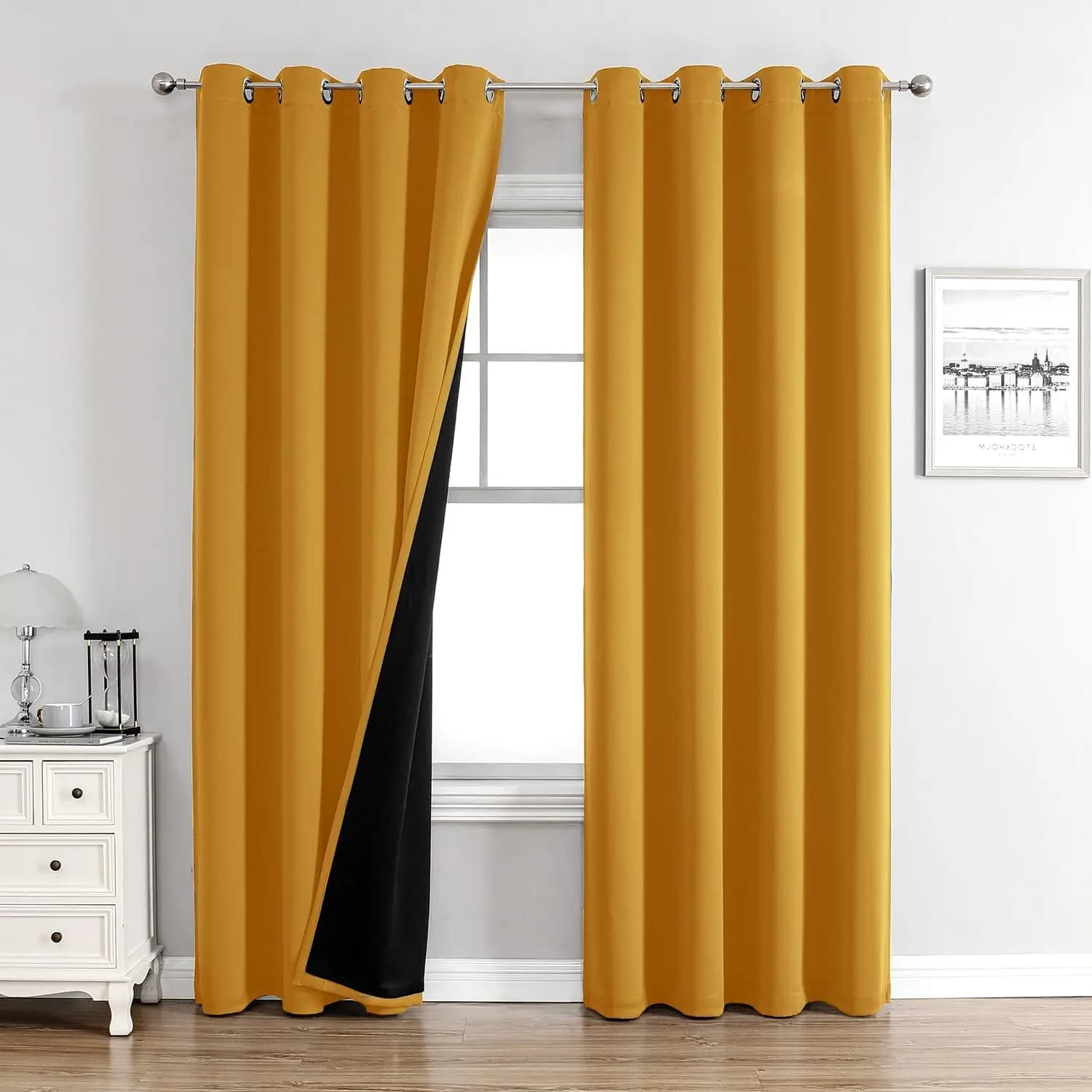 100% Dark Thermal Insulating Curtains, Set of 2 Eyelets Panels, Yellow Senape, 52x84 Inches